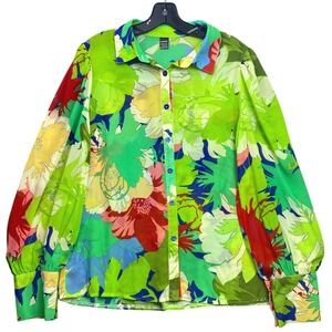 Gomorn Blouse Womens Large Floral AOP Sheer Vacation Travel Beachy Office Career